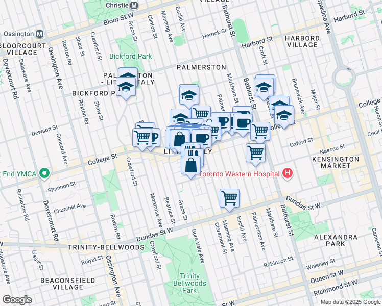 map of restaurants, bars, coffee shops, grocery stores, and more near in Toronto