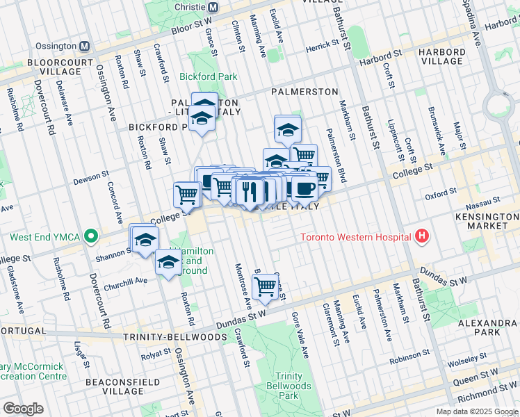 map of restaurants, bars, coffee shops, grocery stores, and more near 660 College Street in Toronto
