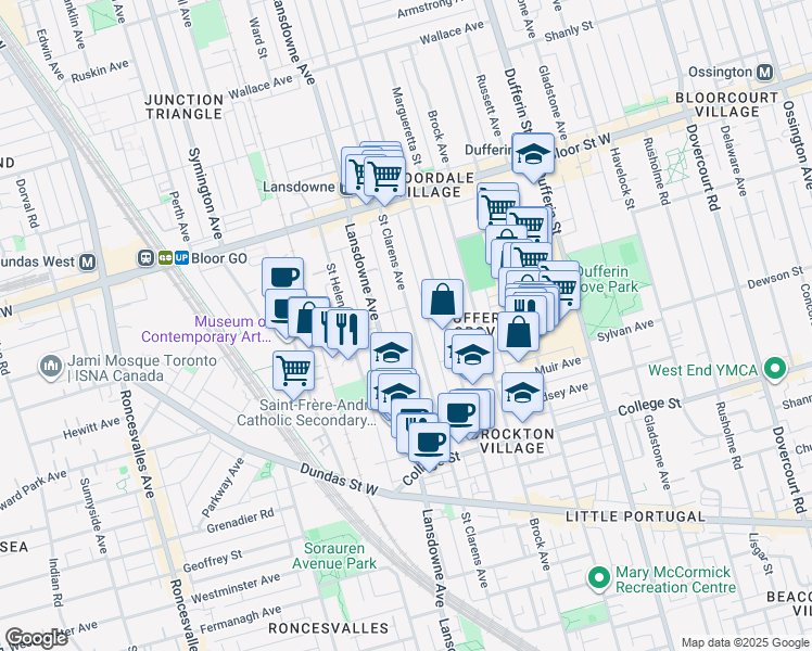 map of restaurants, bars, coffee shops, grocery stores, and more near in Toronto