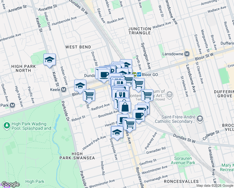map of restaurants, bars, coffee shops, grocery stores, and more near in Toronto