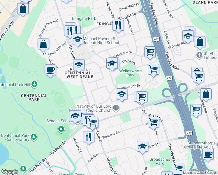 map of restaurants, bars, coffee shops, grocery stores, and more near in Toronto