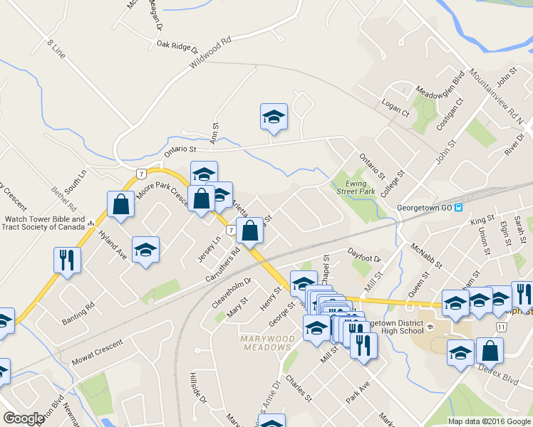 map of restaurants, bars, coffee shops, grocery stores, and more near 4 Temple Road in Halton Hills