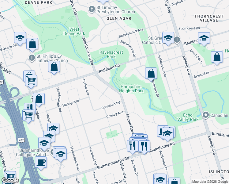 map of restaurants, bars, coffee shops, grocery stores, and more near 230 Martin Grove Road in Toronto