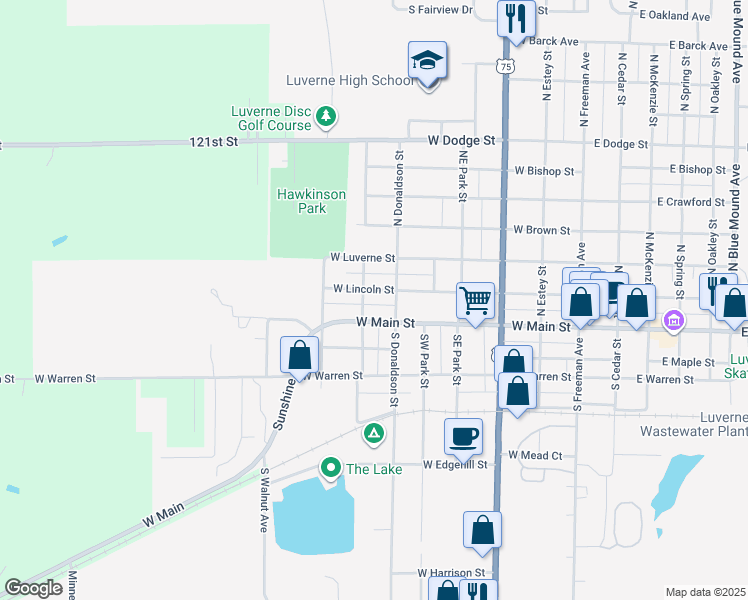 map of restaurants, bars, coffee shops, grocery stores, and more near 703 West Main Street in Luverne
