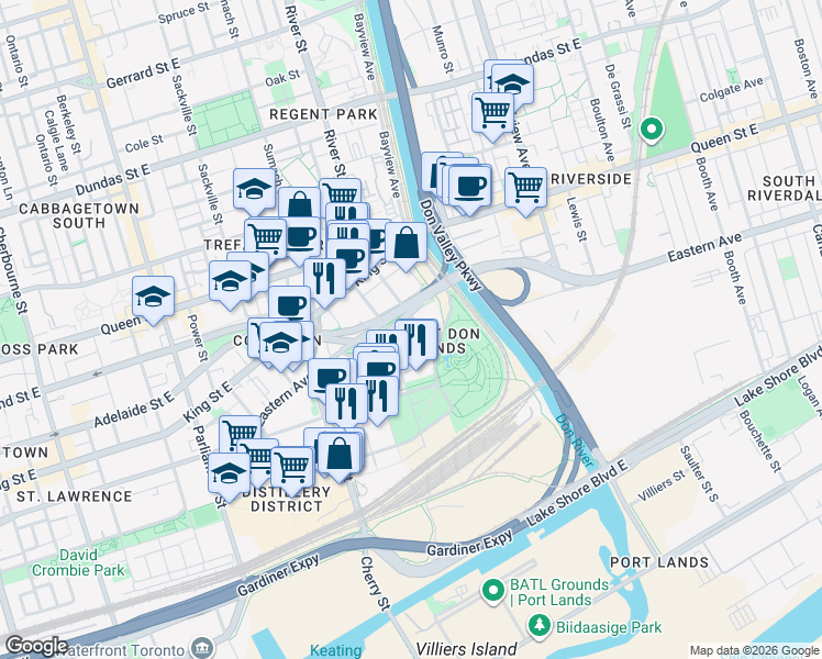 map of restaurants, bars, coffee shops, grocery stores, and more near 21 Lawren Harris Square in Toronto