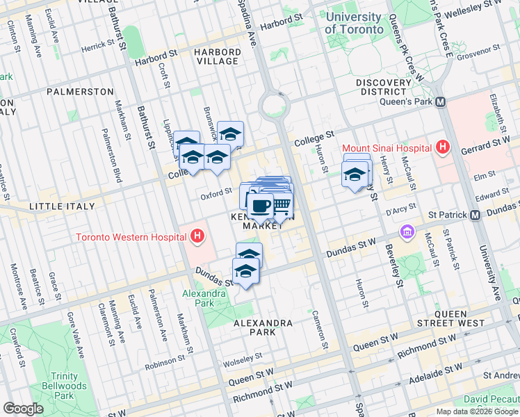 map of restaurants, bars, coffee shops, grocery stores, and more near 57 Nassau Street in Toronto