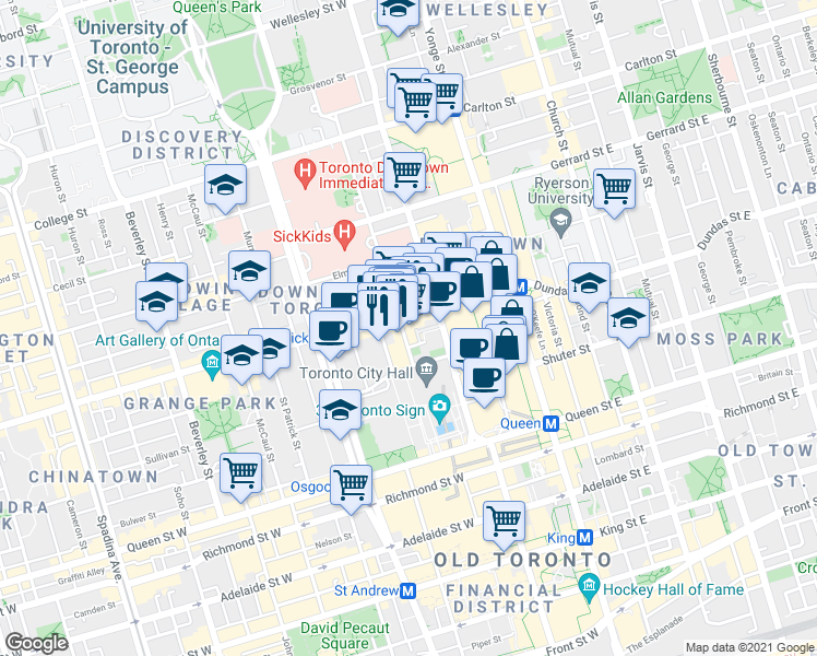 map of restaurants, bars, coffee shops, grocery stores, and more near 111 Elizabeth Street in Toronto