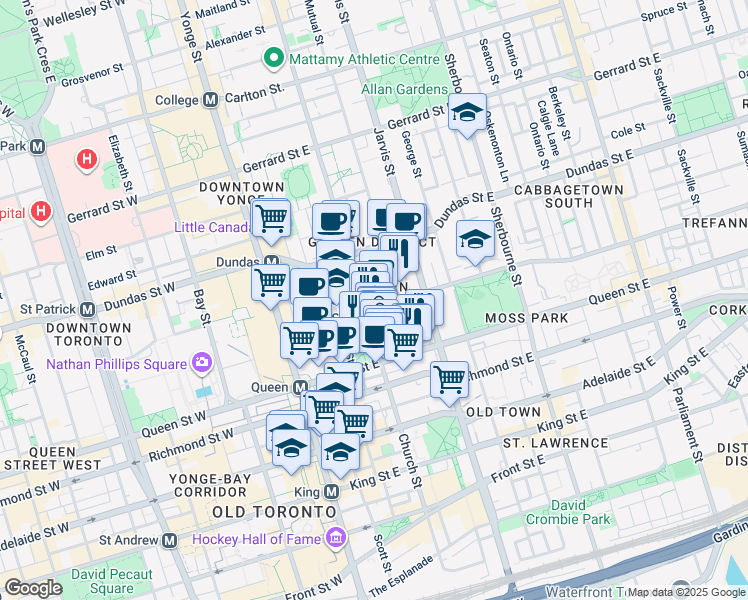 map of restaurants, bars, coffee shops, grocery stores, and more near 60 Shuter Street in Toronto