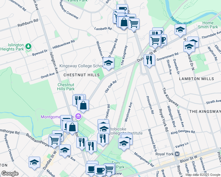 map of restaurants, bars, coffee shops, grocery stores, and more near 23 Old Oak Road in Toronto