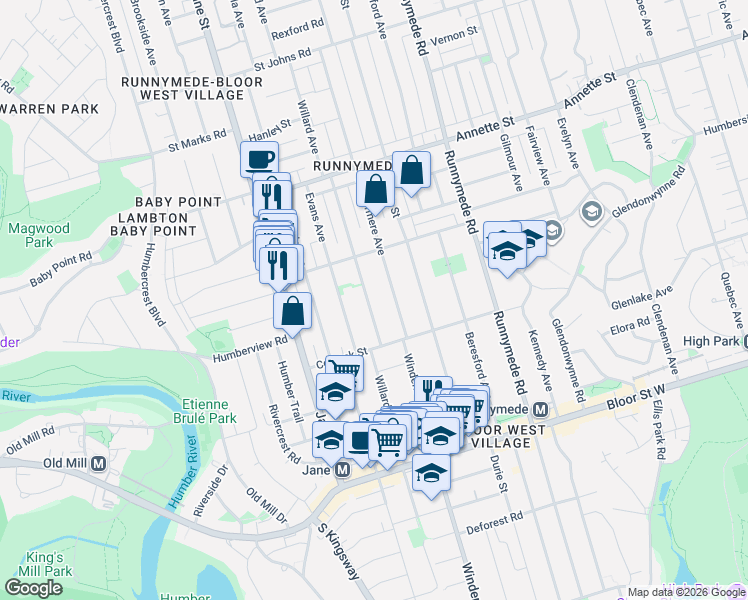 map of restaurants, bars, coffee shops, grocery stores, and more near 393 Willard Avenue in Toronto