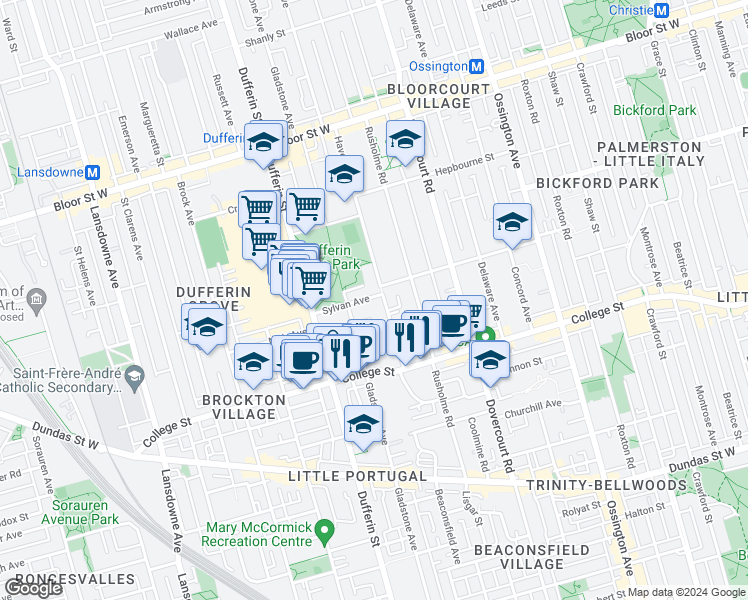 map of restaurants, bars, coffee shops, grocery stores, and more near 5 Sylvan Avenue in Toronto