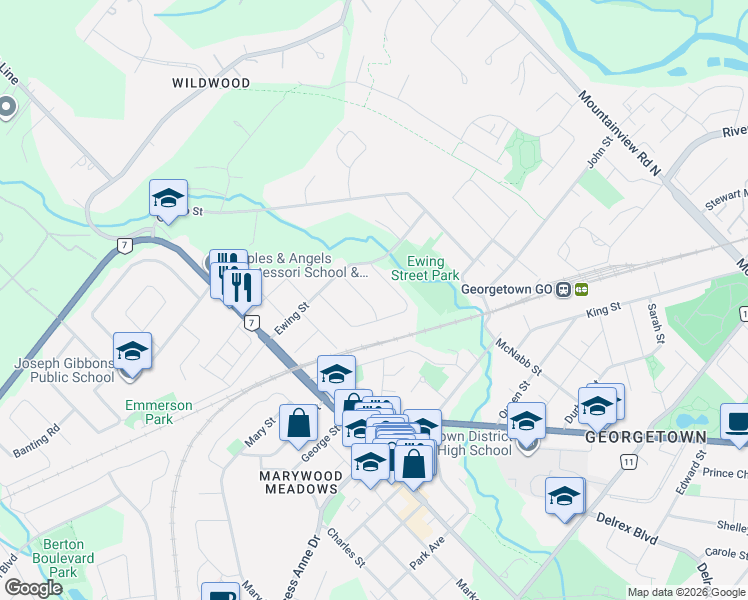 map of restaurants, bars, coffee shops, grocery stores, and more near 18 Elizabeth Street in Halton Hills