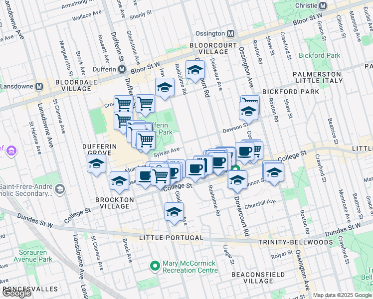 map of restaurants, bars, coffee shops, grocery stores, and more near 59 Havelock Street in Toronto