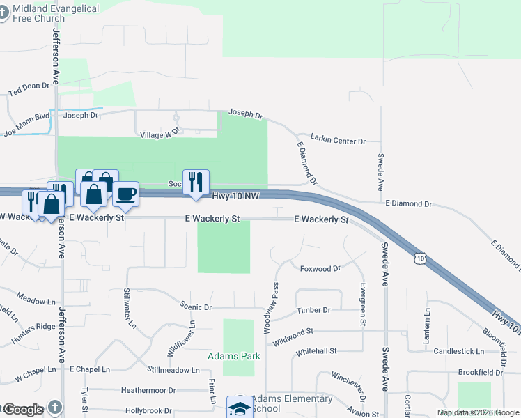 map of restaurants, bars, coffee shops, grocery stores, and more near 1018 East Wackerly Street in Midland