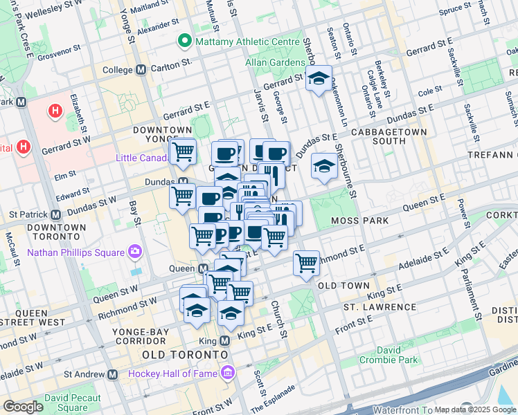 map of restaurants, bars, coffee shops, grocery stores, and more near 68 Shuter Street in Toronto