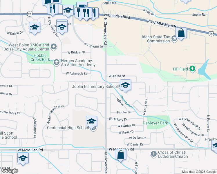 map of restaurants, bars, coffee shops, grocery stores, and more near 5461 North Creswell Avenue in Boise