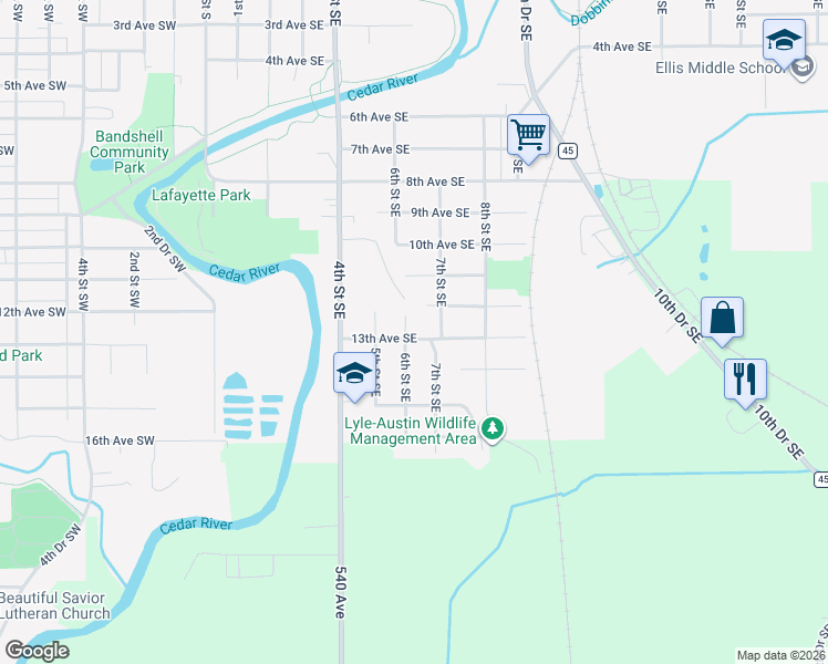 map of restaurants, bars, coffee shops, grocery stores, and more near 1405 6th Street Southeast in Austin