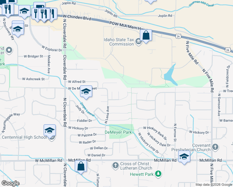 map of restaurants, bars, coffee shops, grocery stores, and more near 5537 North Tumbleweed Place in Boise