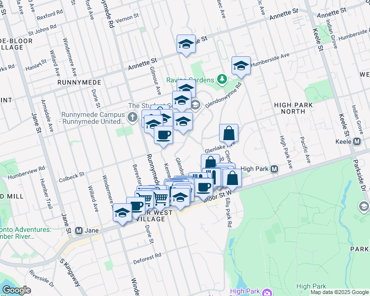map of restaurants, bars, coffee shops, grocery stores, and more near 121 Glendonwynne Road in Toronto