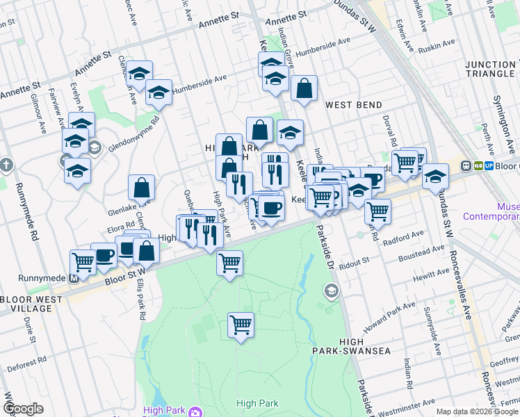map of restaurants, bars, coffee shops, grocery stores, and more near 22 Oakmount Road in Toronto