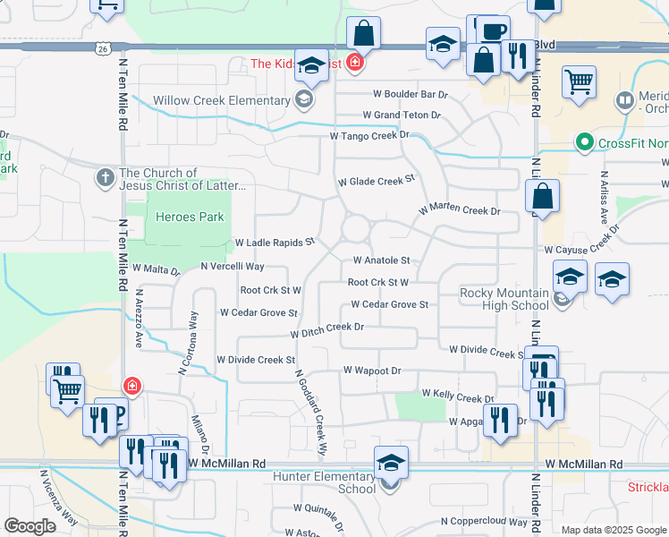 map of restaurants, bars, coffee shops, grocery stores, and more near 5486 North Stanley Creek Avenue in Meridian