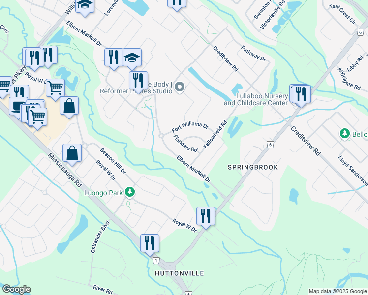 map of restaurants, bars, coffee shops, grocery stores, and more near 10 Flanders Road in Brampton