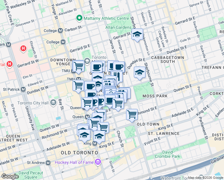 map of restaurants, bars, coffee shops, grocery stores, and more near in Toronto
