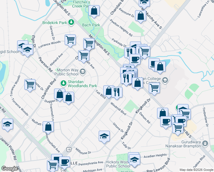 map of restaurants, bars, coffee shops, grocery stores, and more near 142 Banting Crescent in Brampton