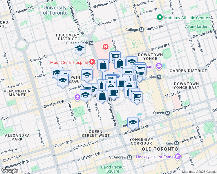 map of restaurants, bars, coffee shops, grocery stores, and more near 481 University Avenue in Toronto