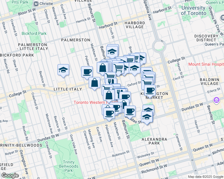 map of restaurants, bars, coffee shops, grocery stores, and more near 450 Bathurst Street in Toronto
