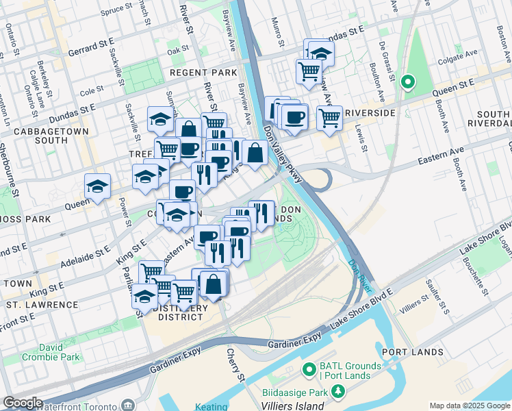 map of restaurants, bars, coffee shops, grocery stores, and more near in Toronto