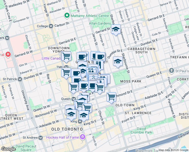 map of restaurants, bars, coffee shops, grocery stores, and more near 68 Shuter Street in Toronto