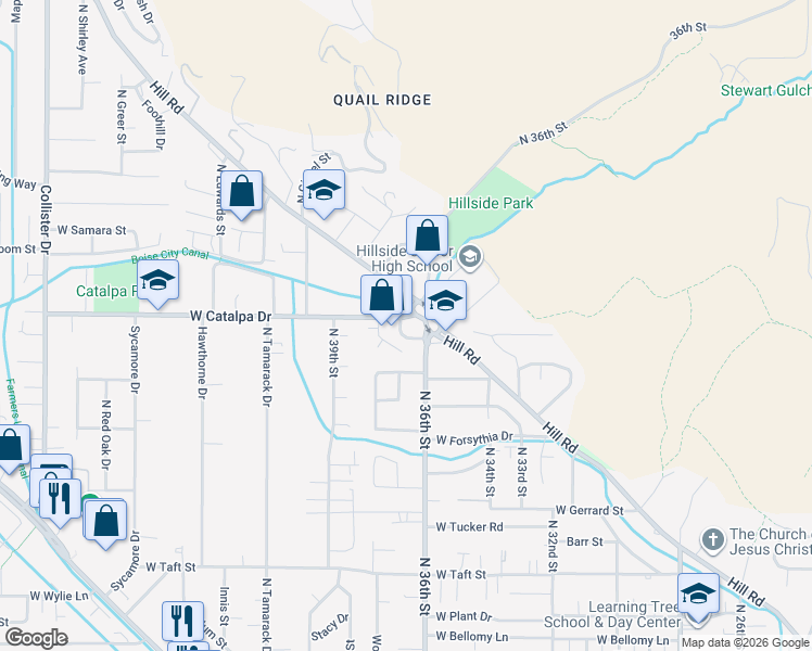 map of restaurants, bars, coffee shops, grocery stores, and more near 3811 North Garden Center Way in Boise