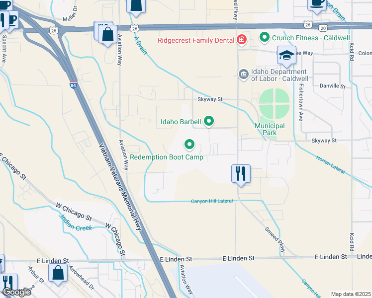 map of restaurants, bars, coffee shops, grocery stores, and more near 4115 Challenger Way in Caldwell