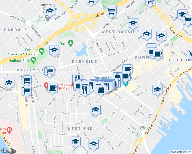 map of restaurants, bars, coffee shops, grocery stores, and more near 243 State St in Portland
