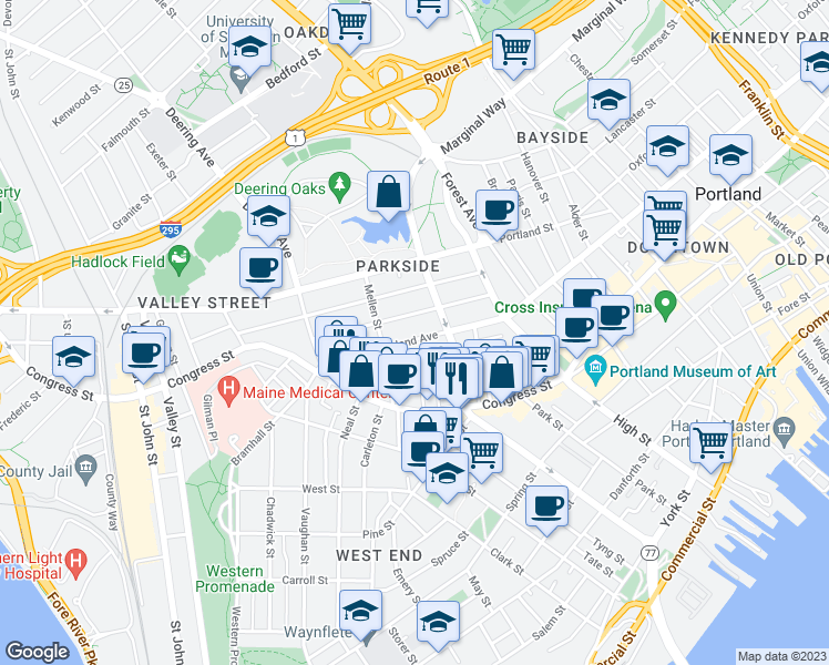 map of restaurants, bars, coffee shops, grocery stores, and more near 497 Cumberland Avenue in Portland