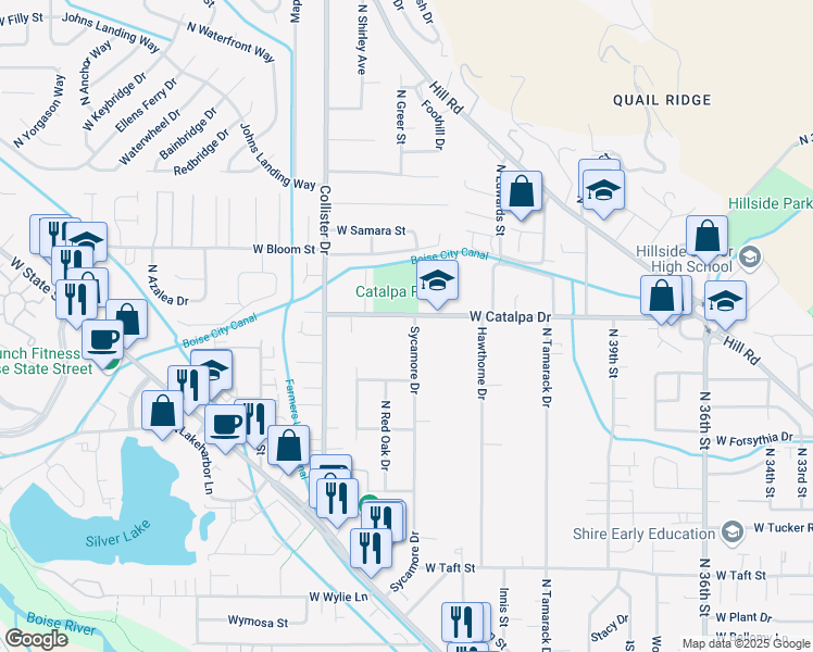 map of restaurants, bars, coffee shops, grocery stores, and more near 3801 Sycamore Drive in Boise