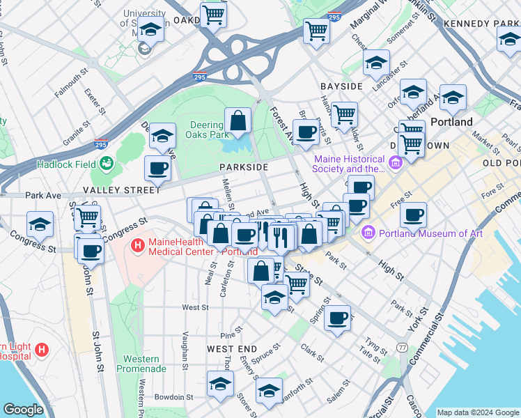 map of restaurants, bars, coffee shops, grocery stores, and more near 57 Deering Street in Portland