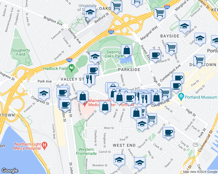 map of restaurants, bars, coffee shops, grocery stores, and more near 563 Cumberland Avenue in Portland