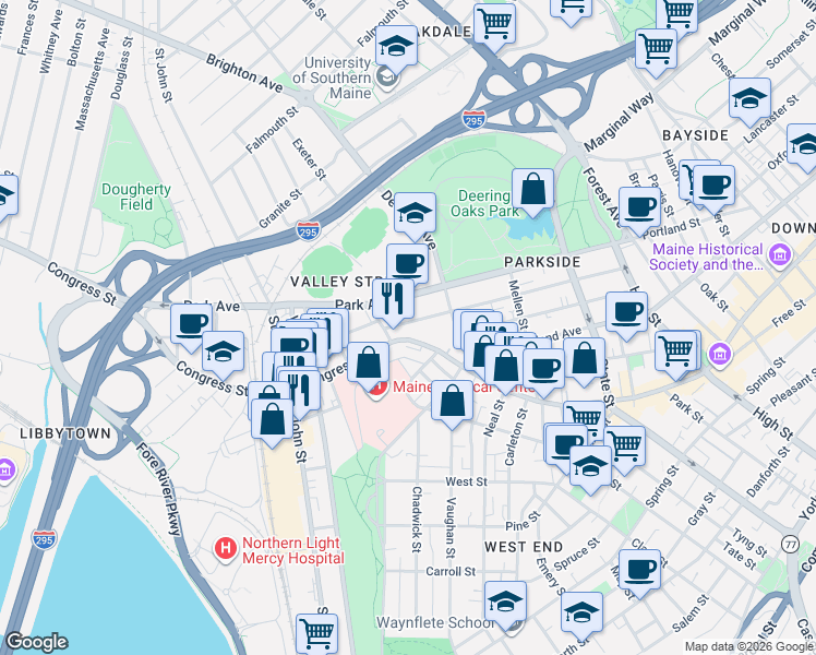 map of restaurants, bars, coffee shops, grocery stores, and more near 15 Crescent Street in Portland