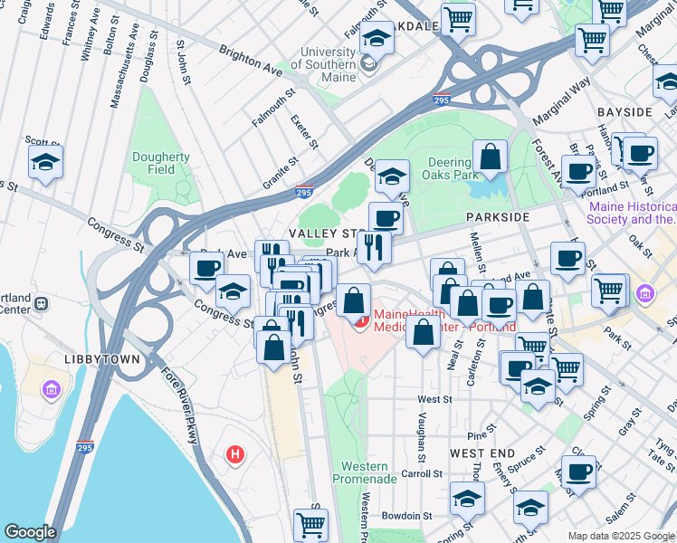 map of restaurants, bars, coffee shops, grocery stores, and more near 887 Congress Street in Portland
