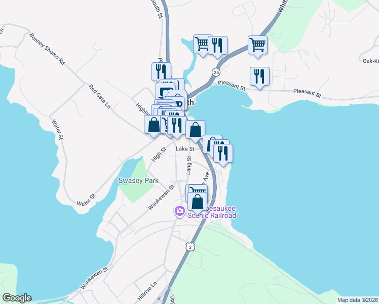 map of restaurants, bars, coffee shops, grocery stores, and more near 20 Lang Street in Meredith