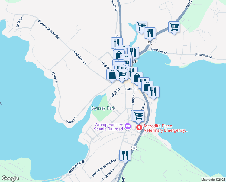map of restaurants, bars, coffee shops, grocery stores, and more near 20 High Street in Meredith