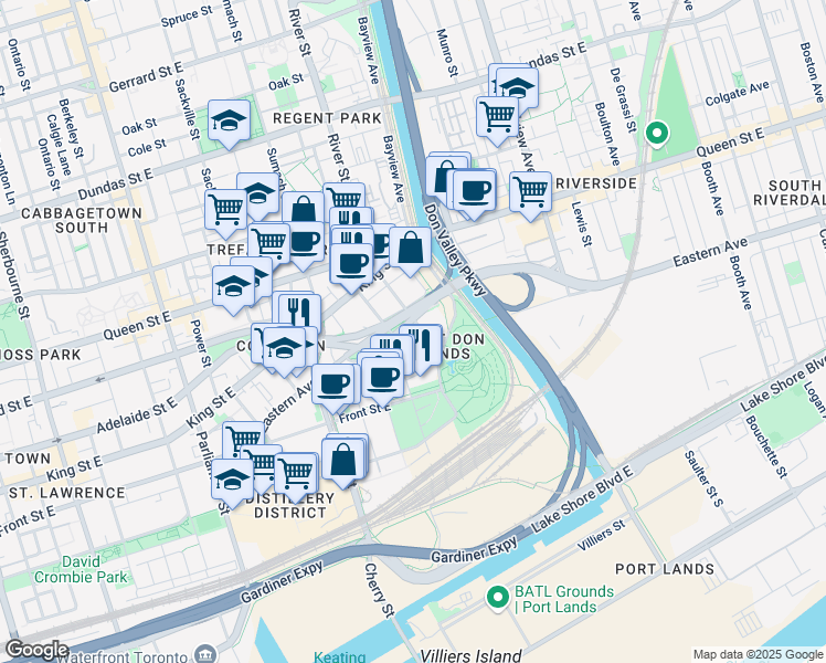 map of restaurants, bars, coffee shops, grocery stores, and more near in Toronto