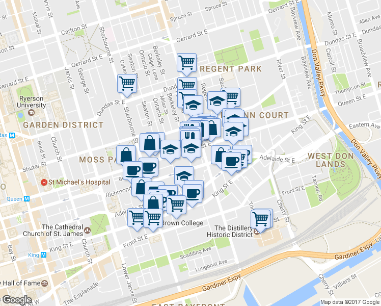 map of restaurants, bars, coffee shops, grocery stores, and more near 154 Parliament Street in Toronto
