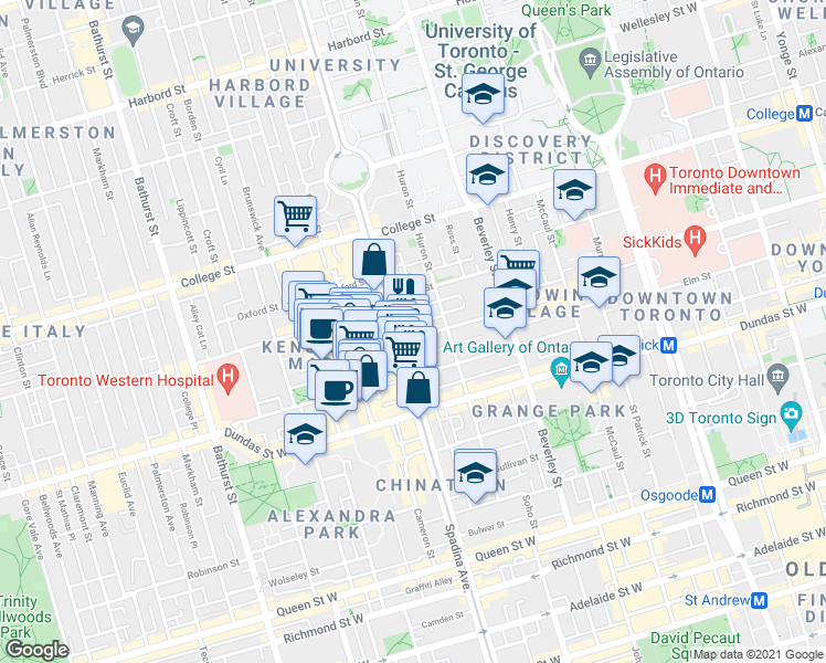 map of restaurants, bars, coffee shops, grocery stores, and more near in Toronto