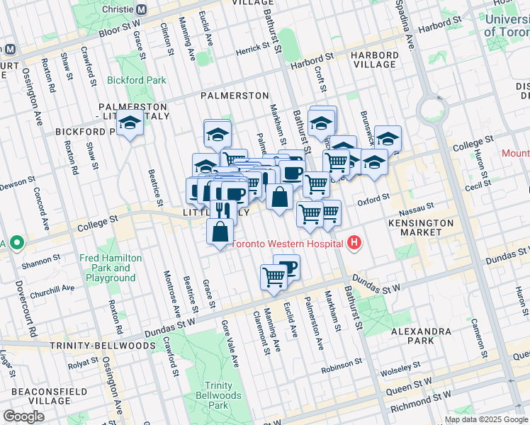 map of restaurants, bars, coffee shops, grocery stores, and more near in Toronto