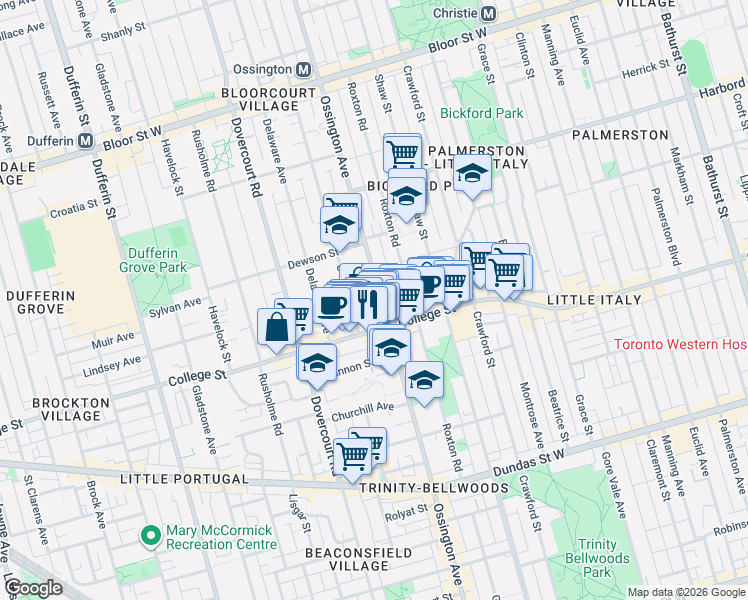 map of restaurants, bars, coffee shops, grocery stores, and more near in Toronto