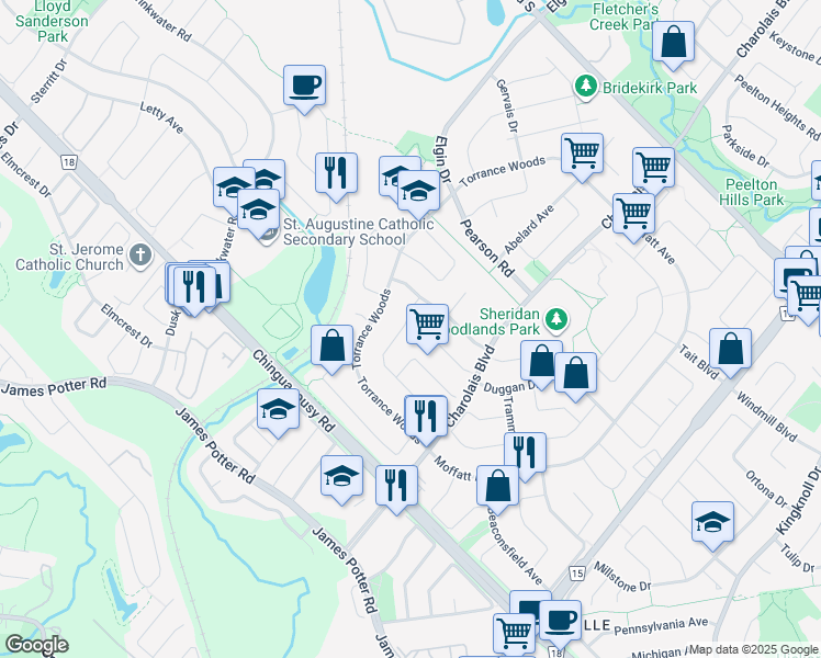 map of restaurants, bars, coffee shops, grocery stores, and more near 10 Brookfield Court in Brampton