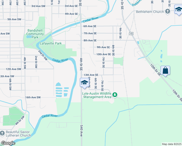 map of restaurants, bars, coffee shops, grocery stores, and more near 1404 5th Street Southeast in Austin